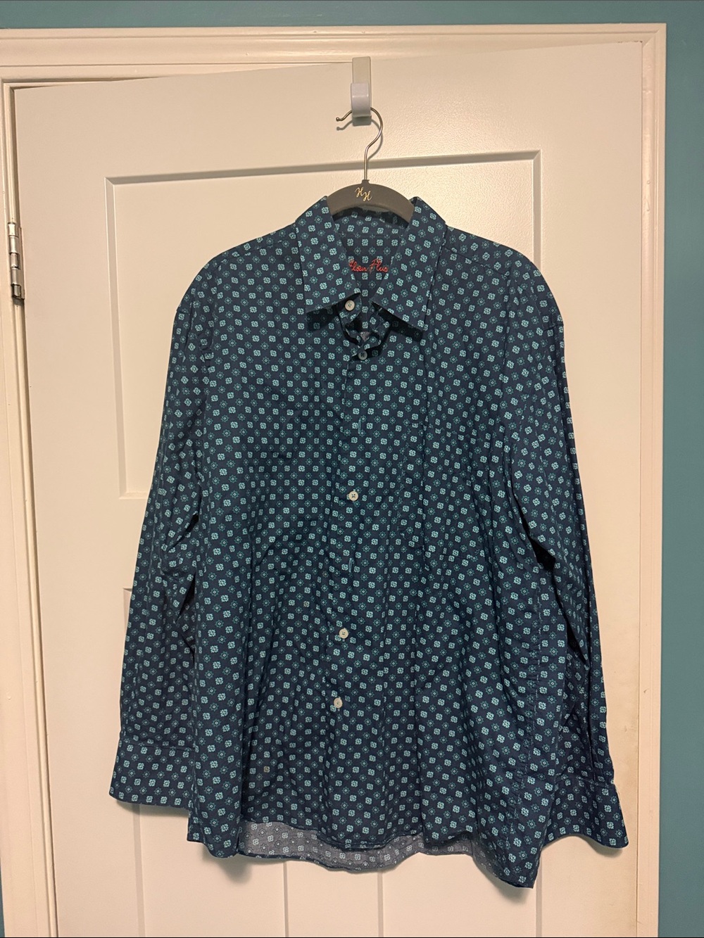 Alan Flusser Teal and Navy Small Geometric Print Button-Down Shirt